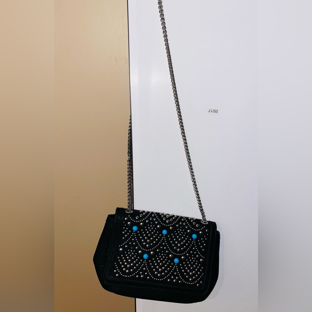 NEW - Black satchel with silver and turquoise rhinestones